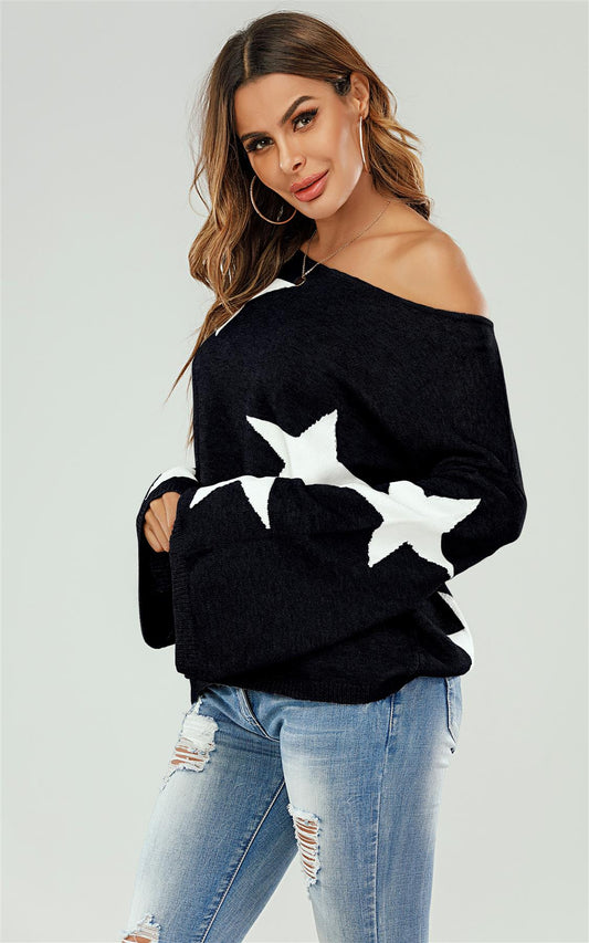 Wide Sleeve Oversize Black Jumper With White Star - AXON