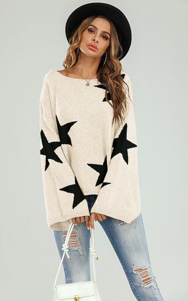 Wide Sleeve Oversize Cream Jumper With Black Star - AXON