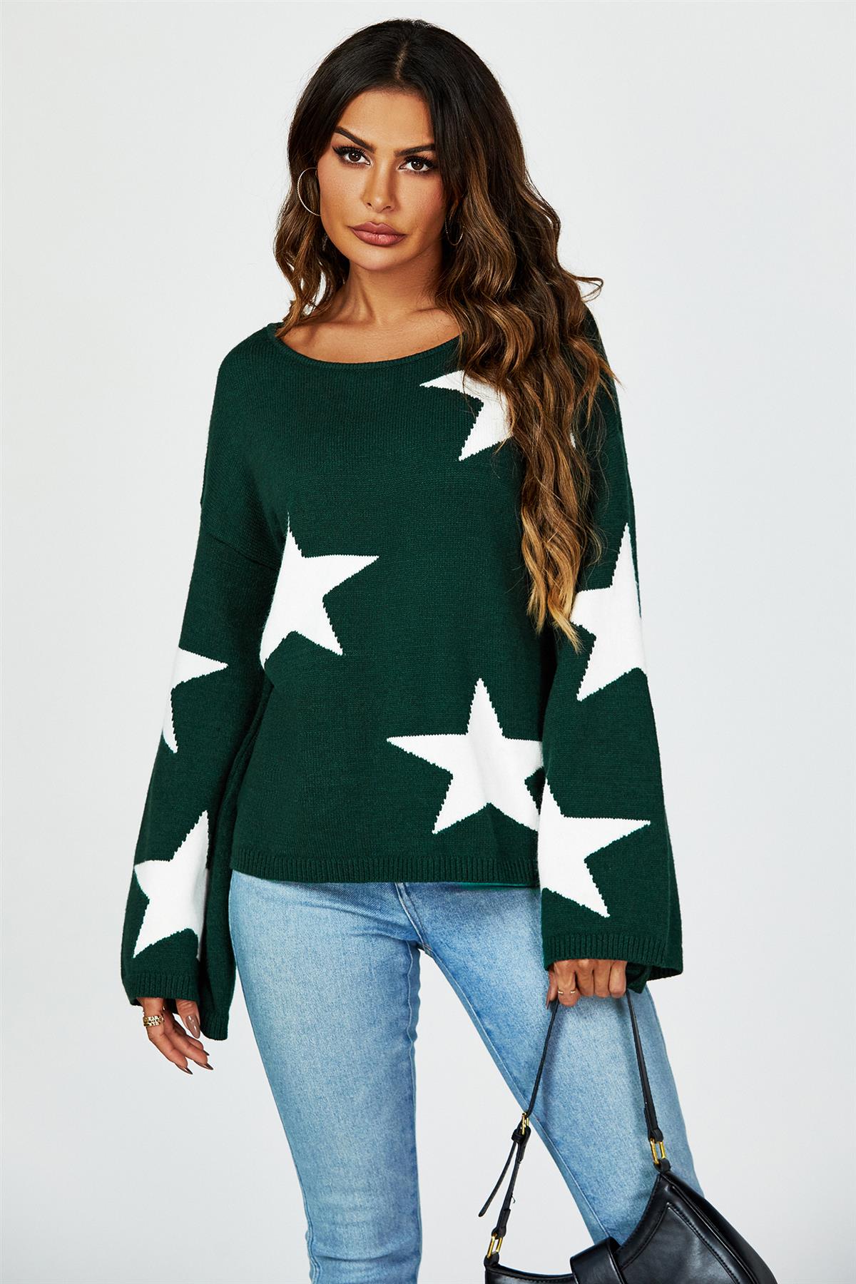 Wide Sleeve Oversize Dark Green Jumper With White Star - AXON