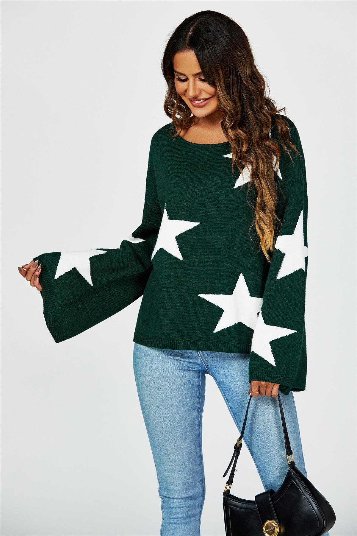 Wide Sleeve Oversize Dark Green Jumper With White Star - AXON
