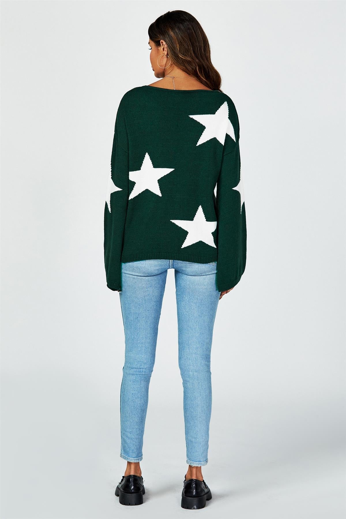 Wide Sleeve Oversize Dark Green Jumper With White Star - AXON