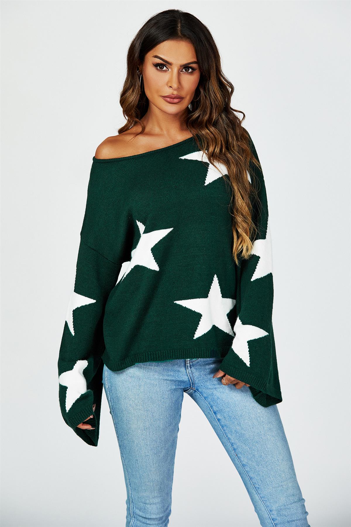 Wide Sleeve Oversize Dark Green Jumper With White Star - AXON
