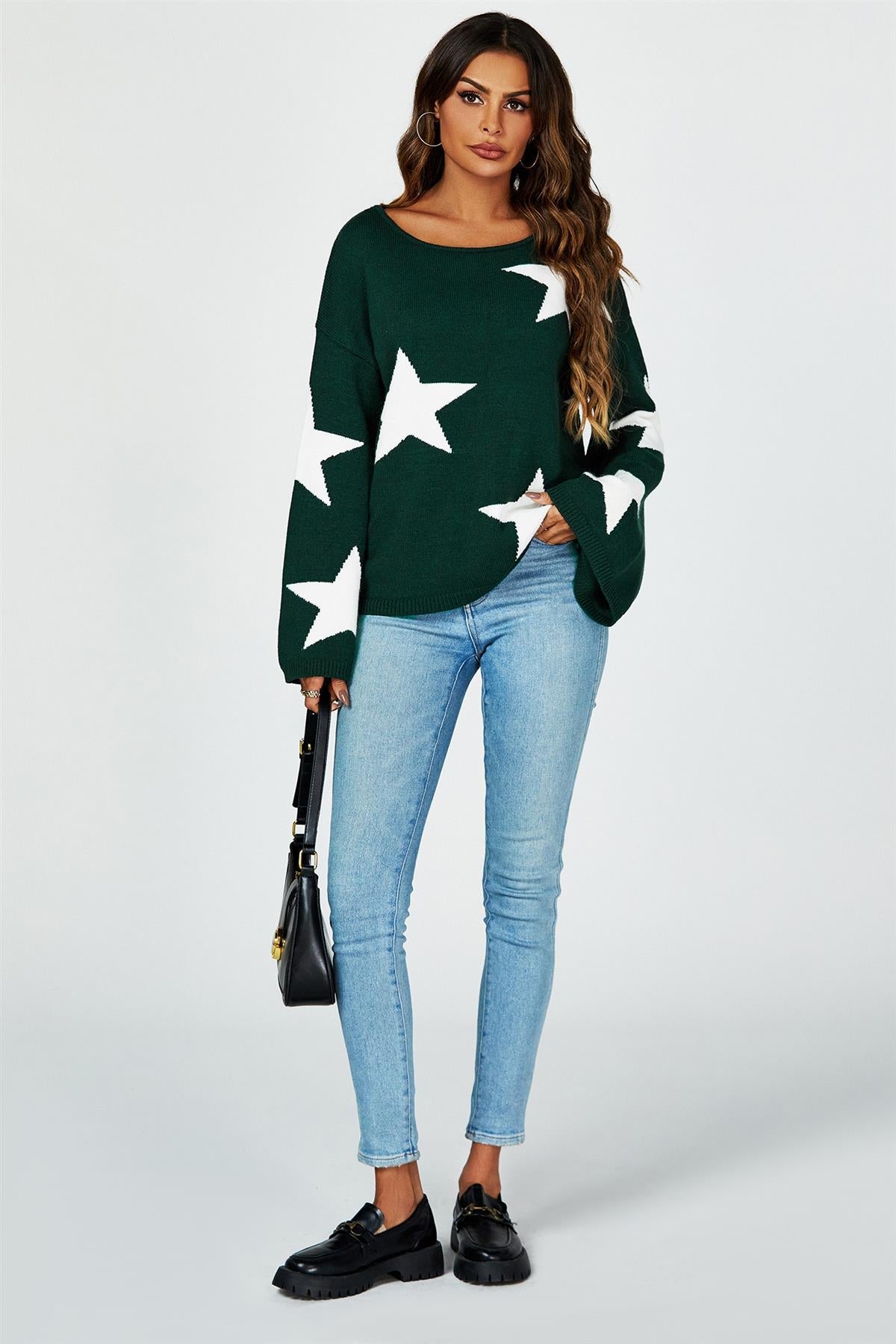Wide Sleeve Oversize Dark Green Jumper With White Star - AXON