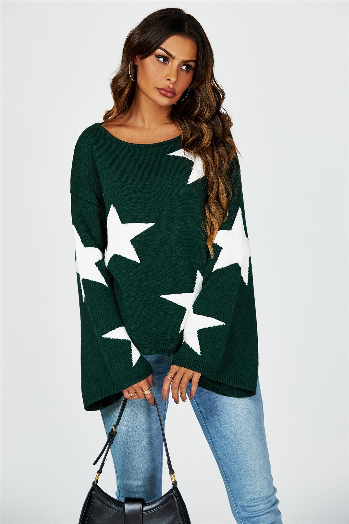 Wide Sleeve Oversize Dark Green Jumper With White Star - AXON