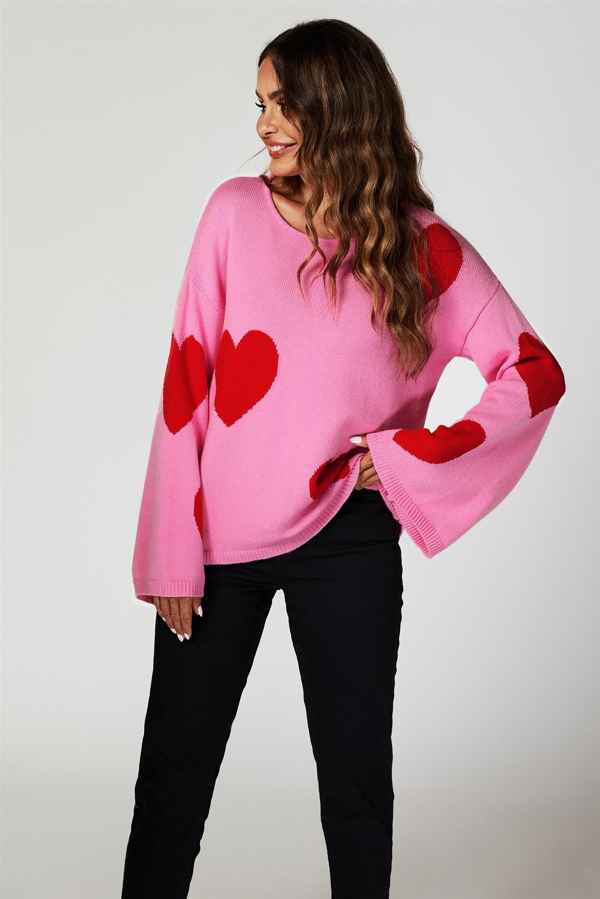 Wide Sleeve Oversize Red Jumper With Pink Heart - AXON