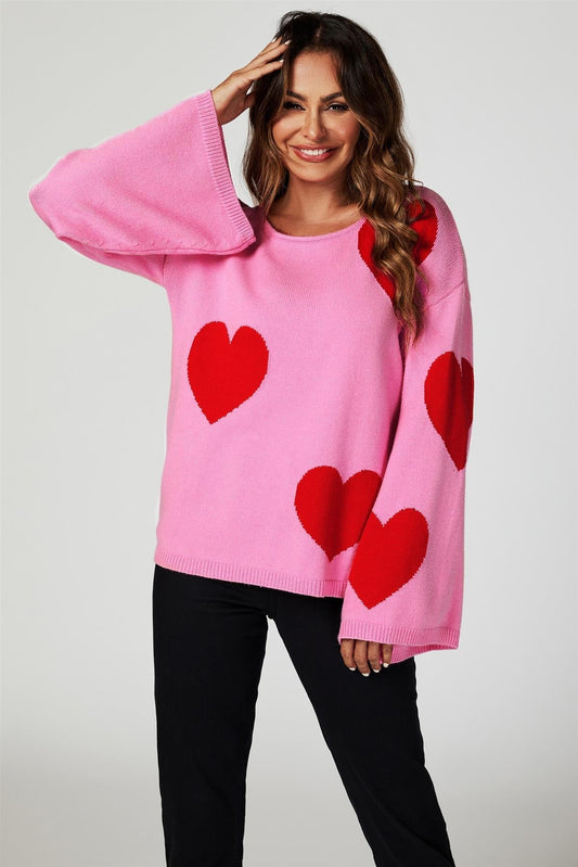 Wide Sleeve Oversize Red Jumper With Pink Heart - AXON