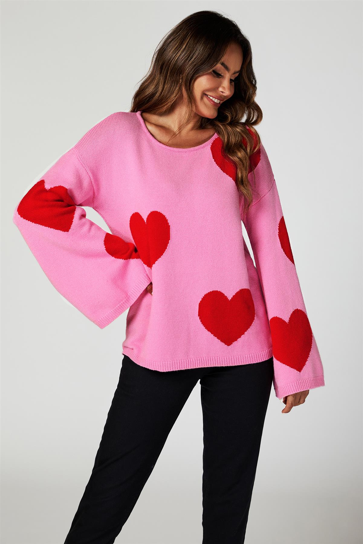 Wide Sleeve Oversize Red Jumper With Pink Heart - AXON