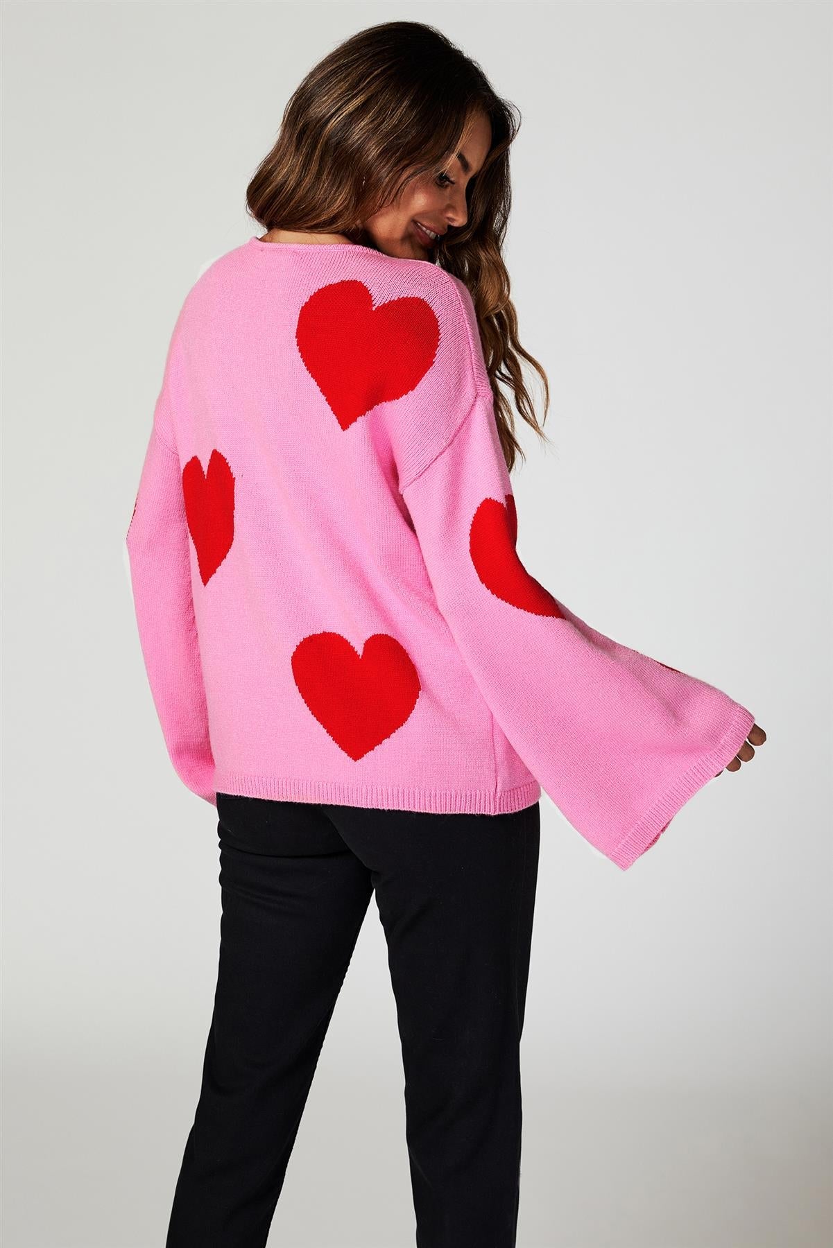 Wide Sleeve Oversize Red Jumper With Pink Heart - AXON