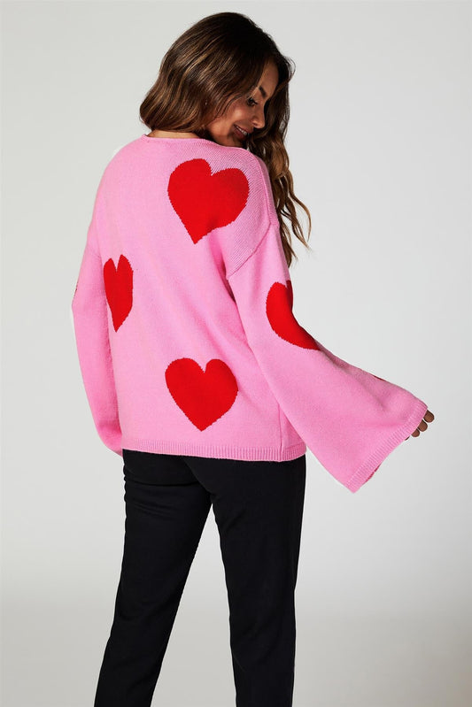 Wide Sleeve Oversize Red Jumper With Pink Heart - AXON