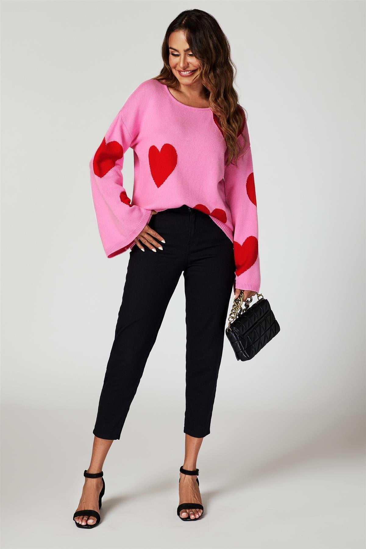 Wide Sleeve Oversize Red Jumper With Pink Heart - AXON