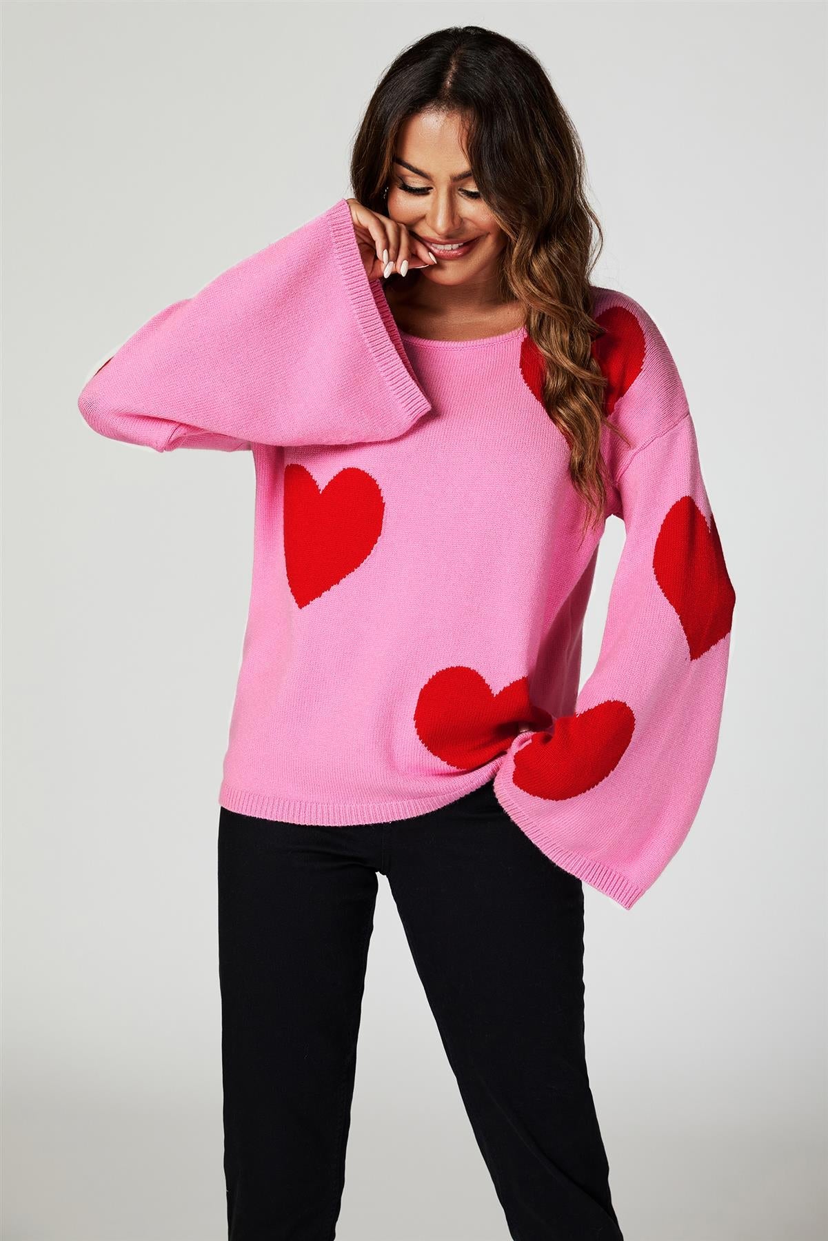 Wide Sleeve Oversize Red Jumper With Pink Heart - AXON