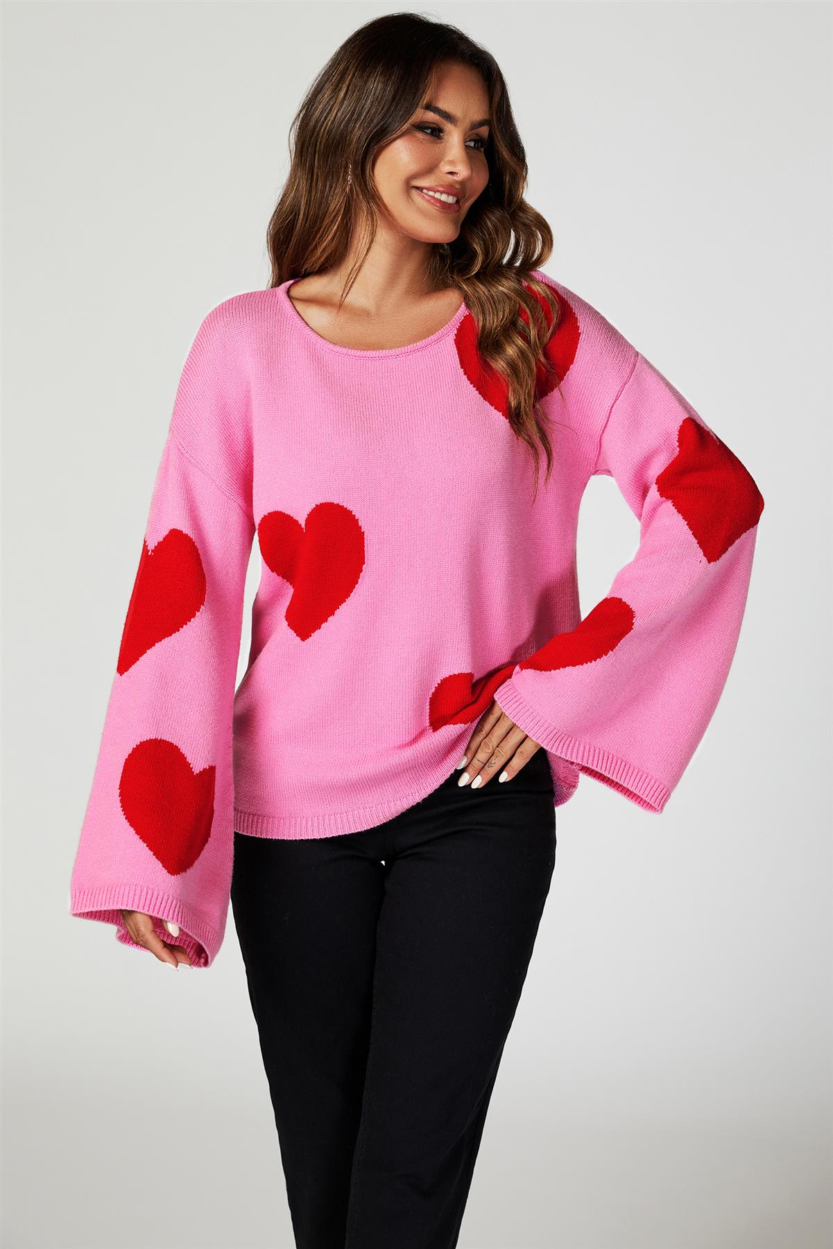 Wide Sleeve Oversize Red Jumper With Pink Heart - AXON