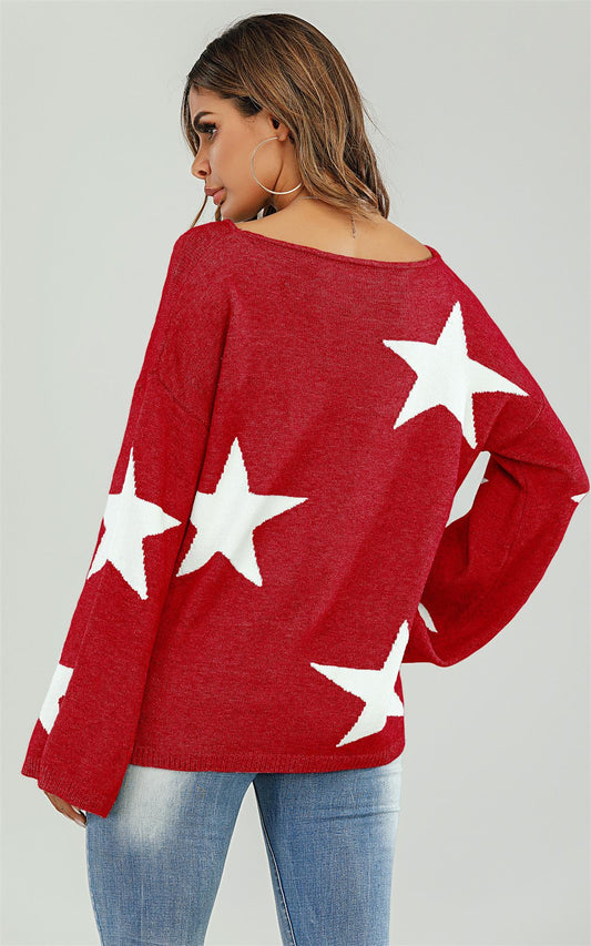 Wide Sleeve Oversize Red Jumper With White Star - AXON