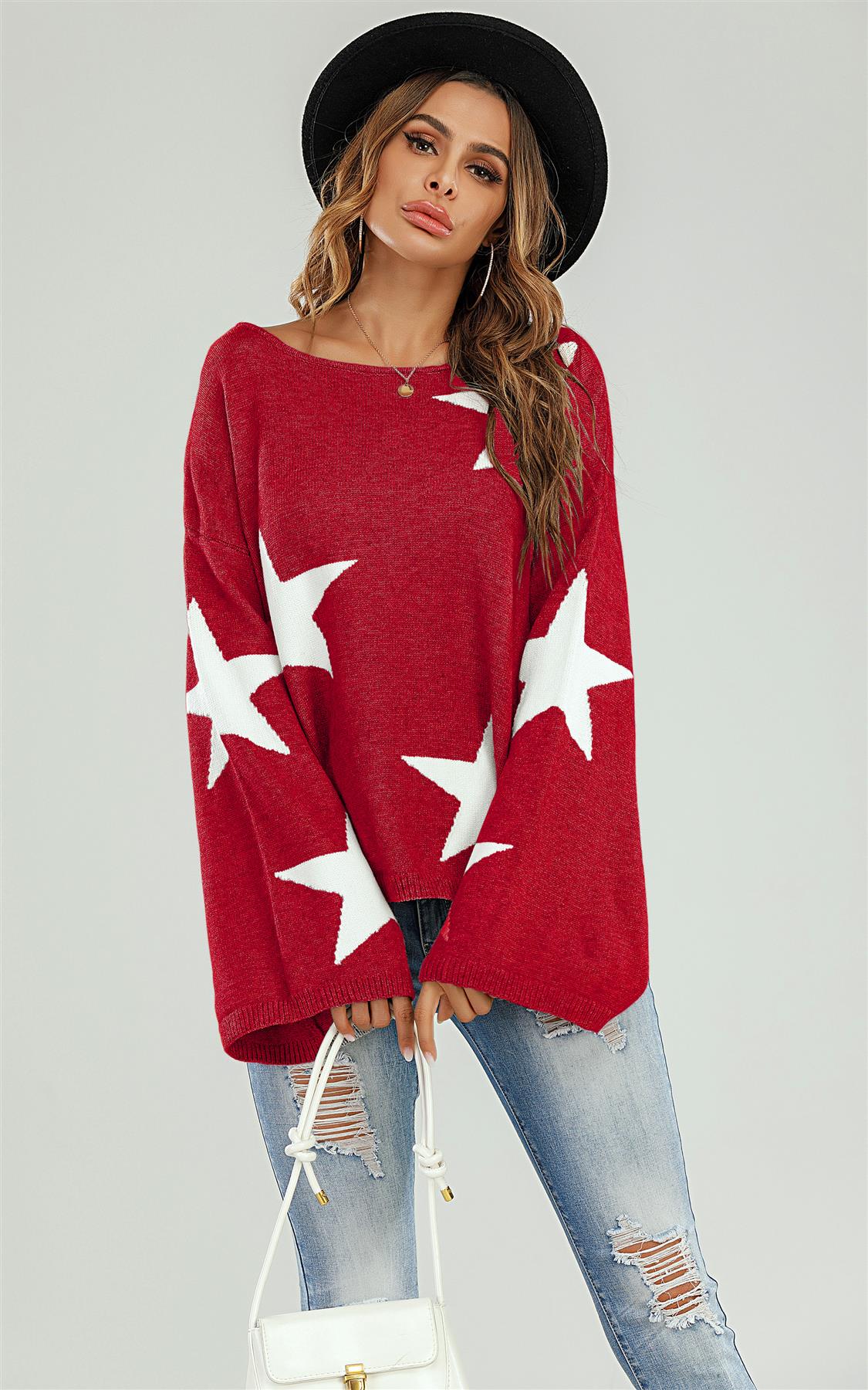 Wide Sleeve Oversize Red Jumper With White Star - AXON