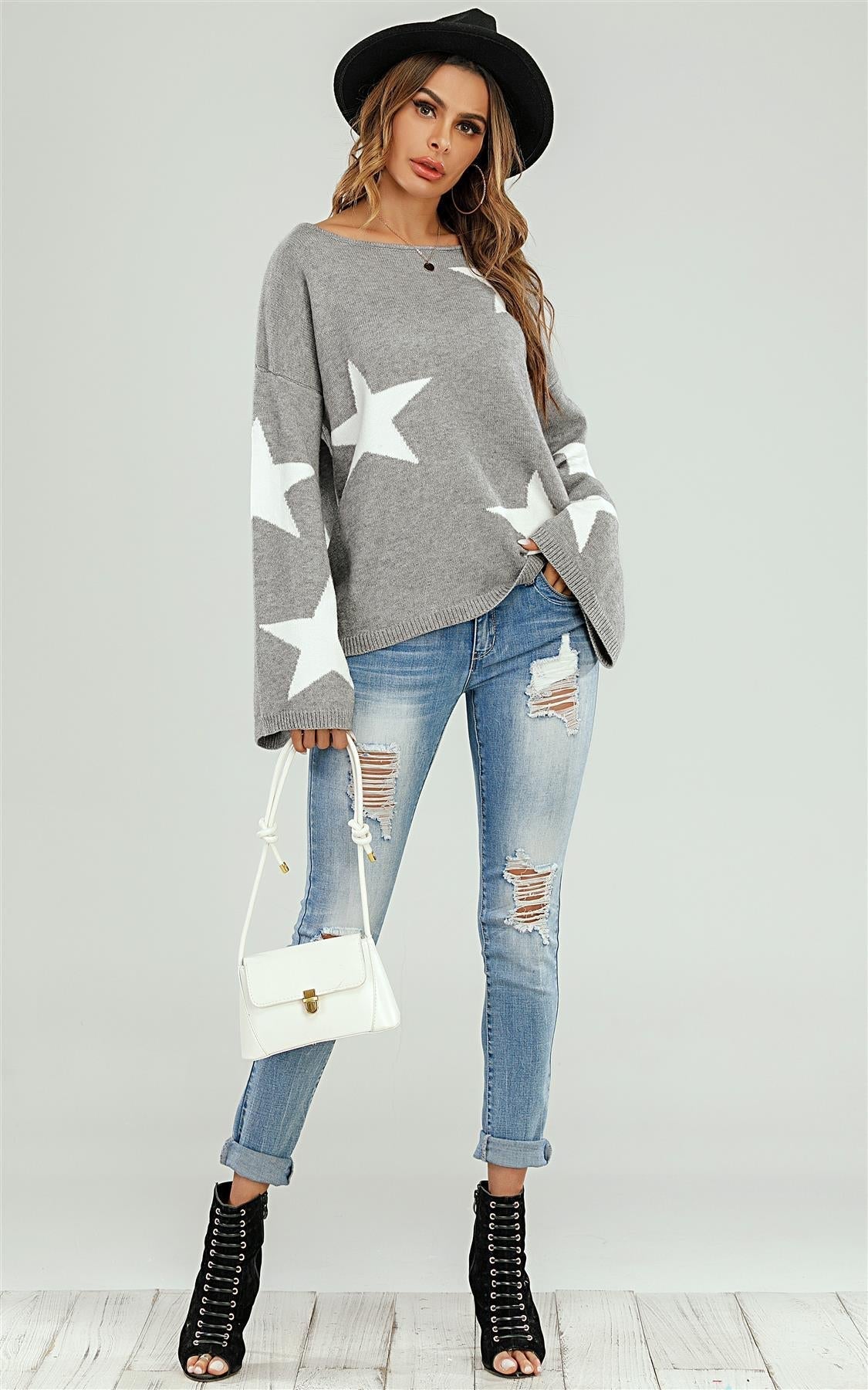 Wide Sleeve Oversized Grey Jumper With White Star - AXON