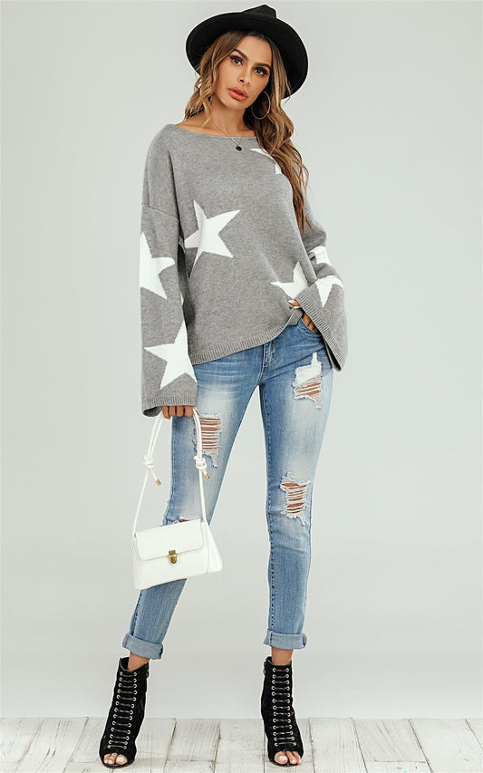 Wide Sleeve Oversized Grey Jumper With White Star - AXON