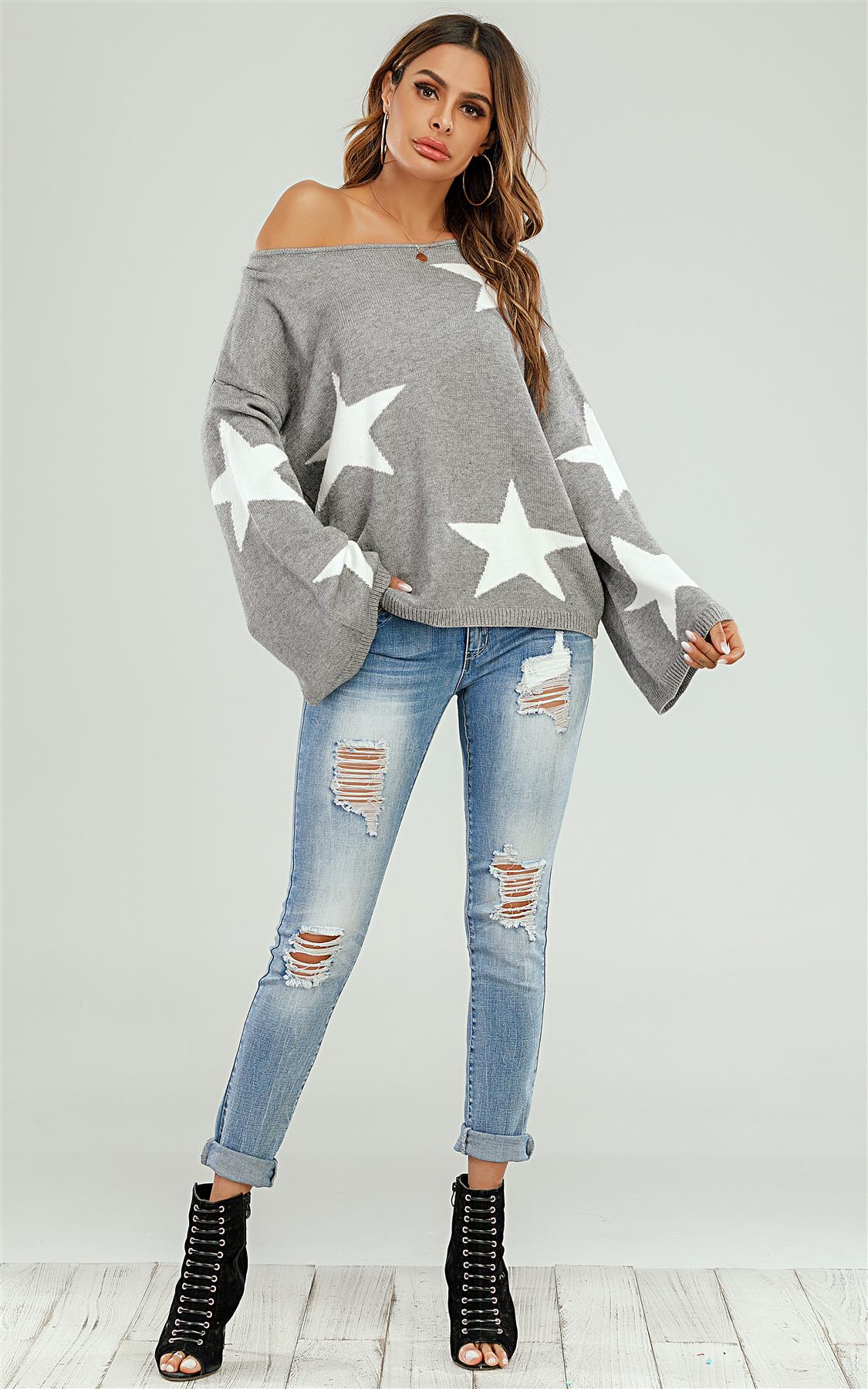Wide Sleeve Oversized Grey Jumper With White Star - AXON
