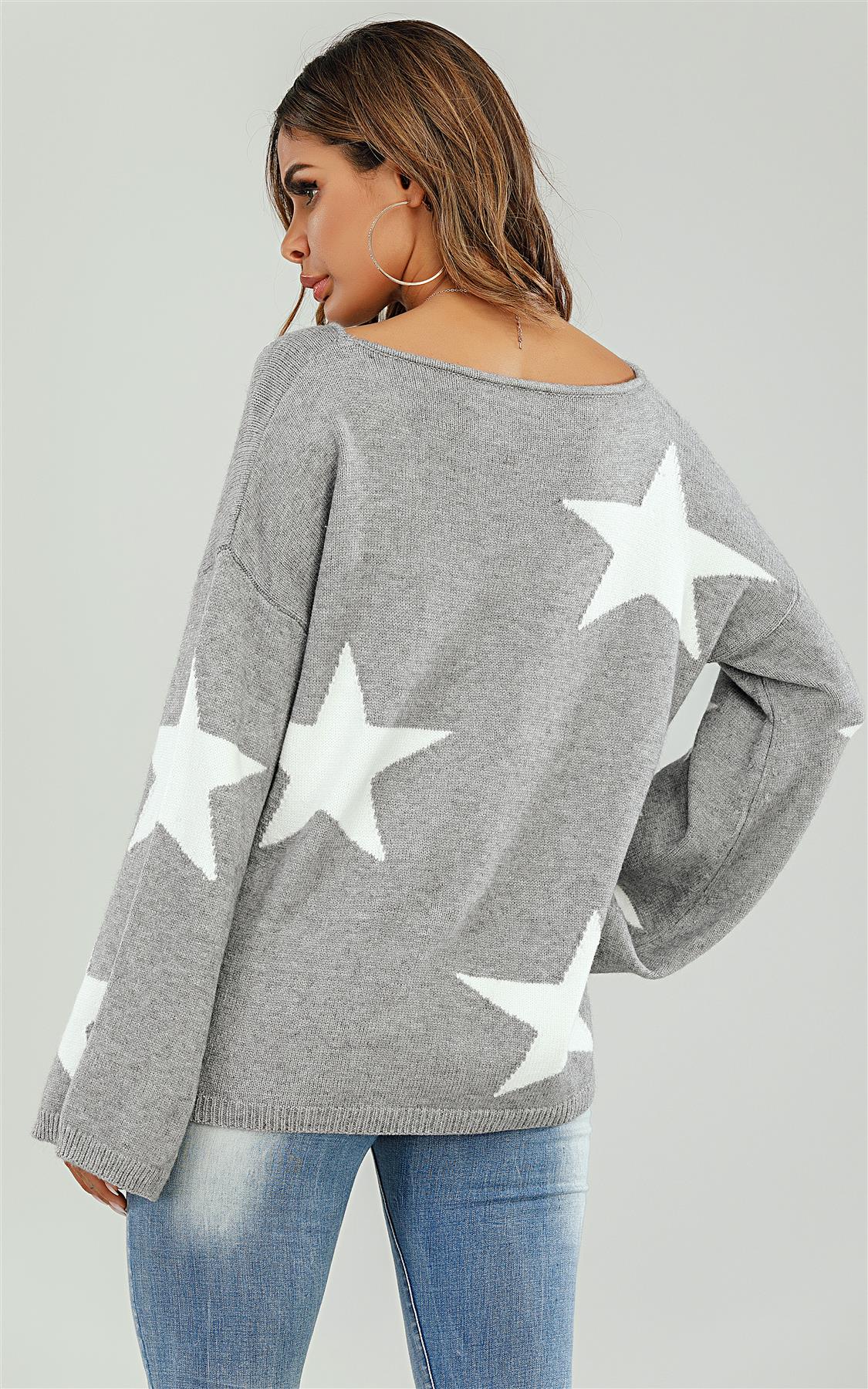 Wide Sleeve Oversized Grey Jumper With White Star - AXON