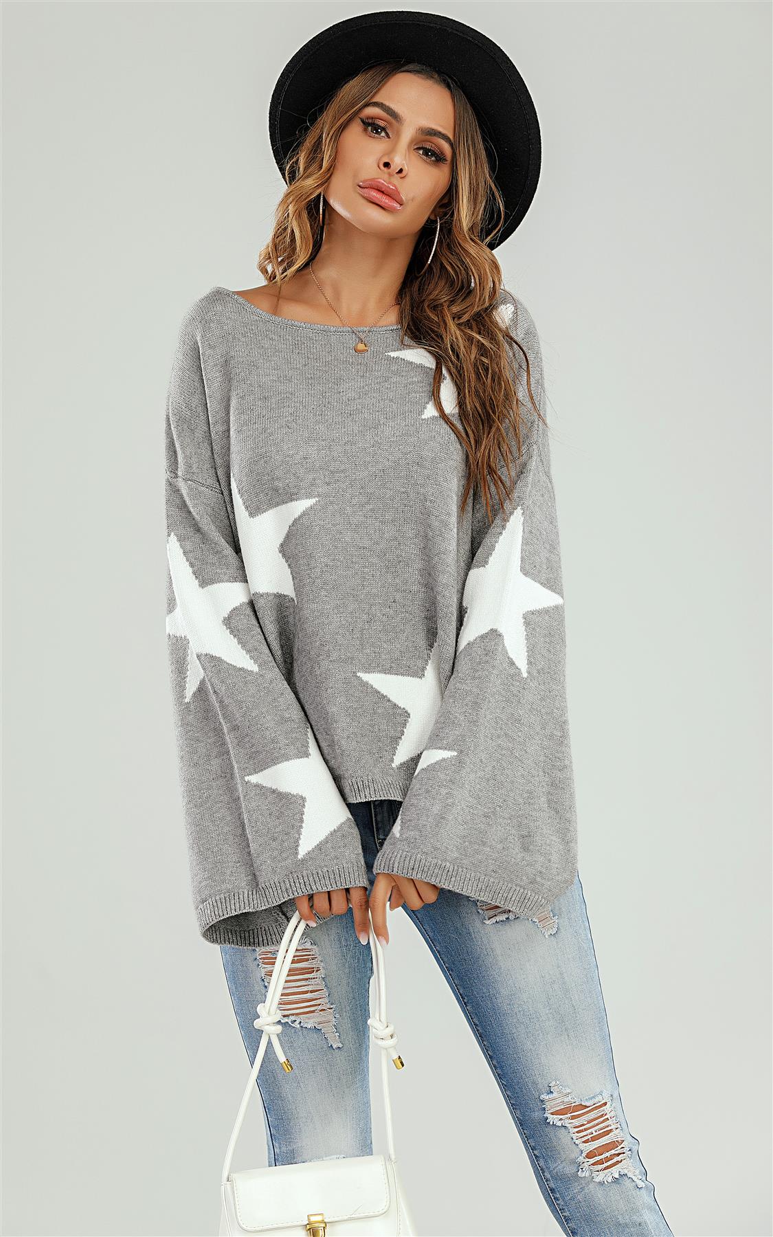 Wide Sleeve Oversized Grey Jumper With White Star - AXON