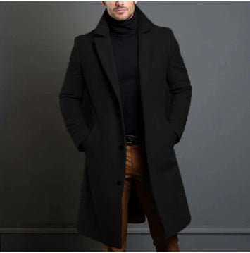 Winter Lapel Trench Coat Fashion Pocket Single Breasted Jacket Outerwear Casual Solid Color Men's Clothing - AXON