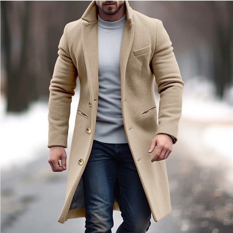 Winter Lapel Trench Coat Fashion Pocket Single Breasted Jacket Outerwear Casual Solid Color Men's Clothing - AXON