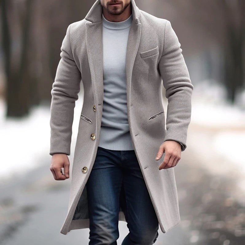 Winter Lapel Trench Coat Fashion Pocket Single Breasted Jacket Outerwear Casual Solid Color Men's Clothing - AXON