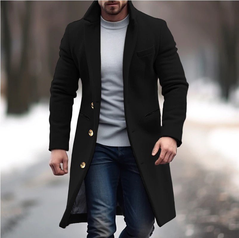 Winter Lapel Trench Coat Fashion Pocket Single Breasted Jacket Outerwear Casual Solid Color Men's Clothing - AXON