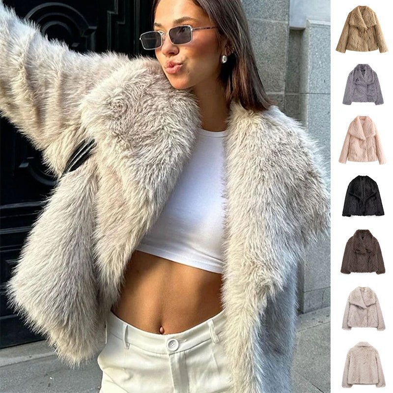 Winter Plush Coat Fashion Warm Thicken Fluffy Lapel Jacket Outwear Casual Long Sleeve Tops Womens Clothing - AXON