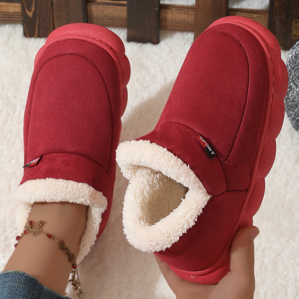 Winter Plush Cotton Shoes Women Men Warm Suede House Shoes For Parents Solid Color Thick - soled Garden Shoes Outdoor - AXON