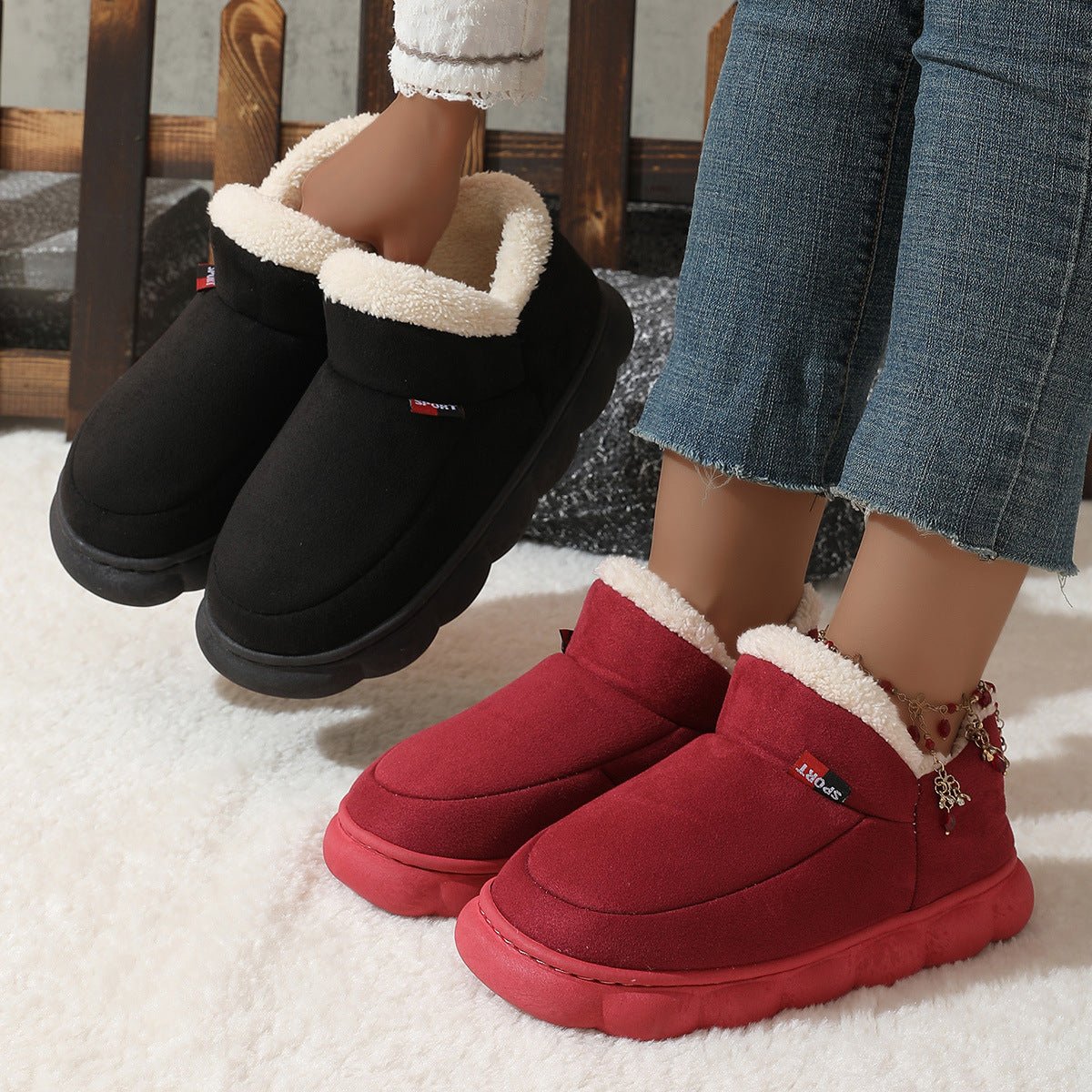 Winter Plush Cotton Shoes Women Men Warm Suede House Shoes For Parents Solid Color Thick - soled Garden Shoes Outdoor - AXON