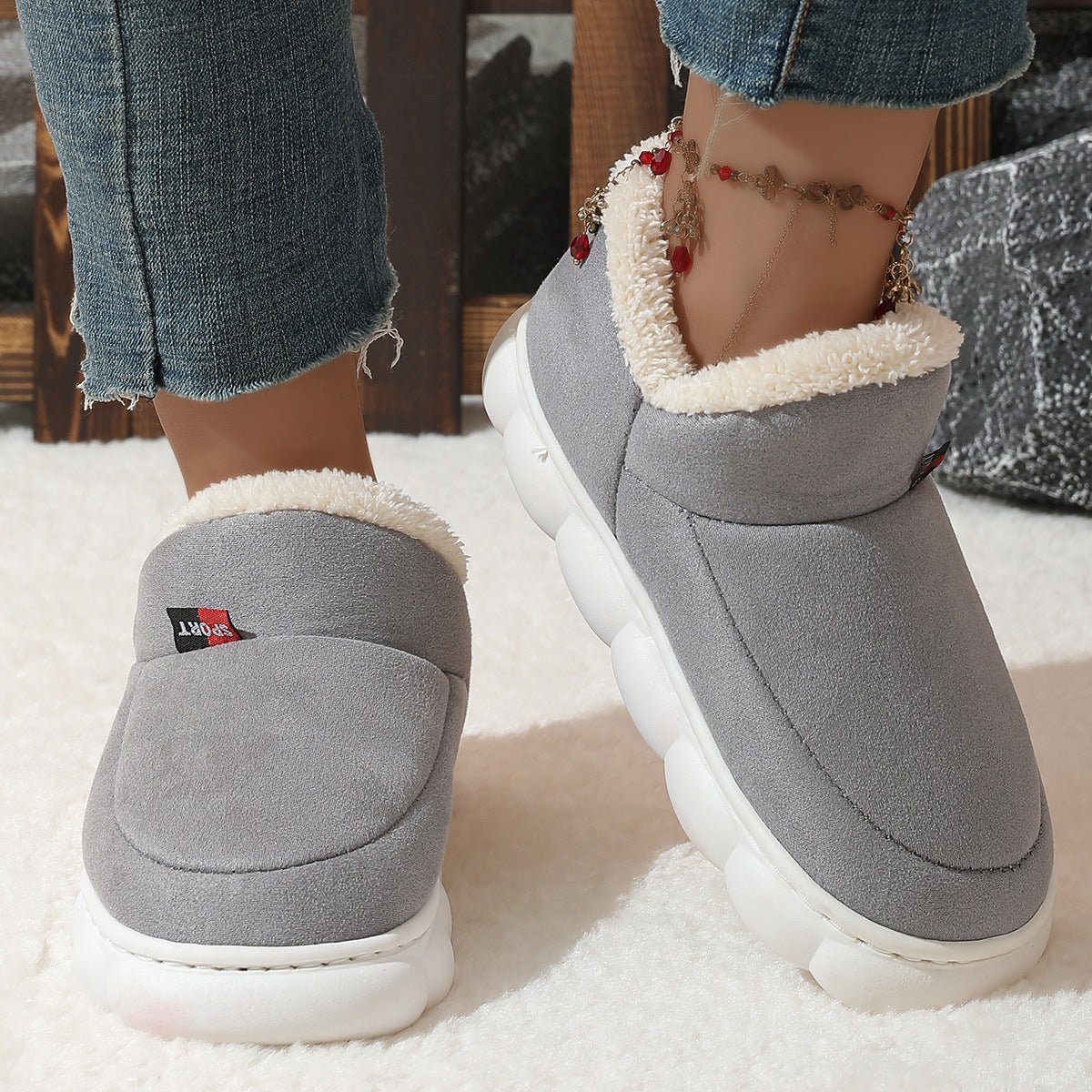 Winter Plush Cotton Shoes Women Men Warm Suede House Shoes For Parents Solid Color Thick - soled Garden Shoes Outdoor - AXON