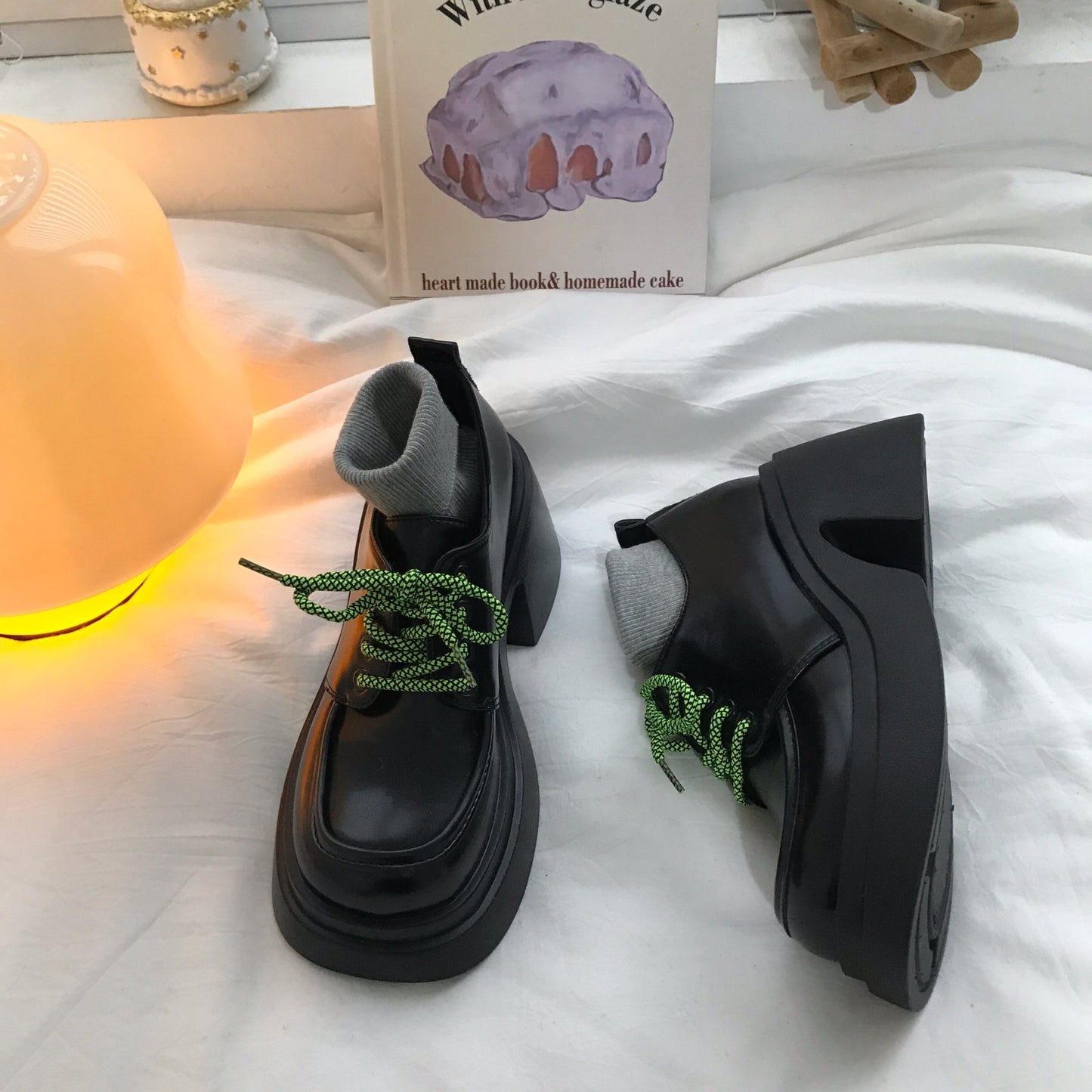 Women With Thick High Heels And Lace Up Small Leather Shoes - AXON