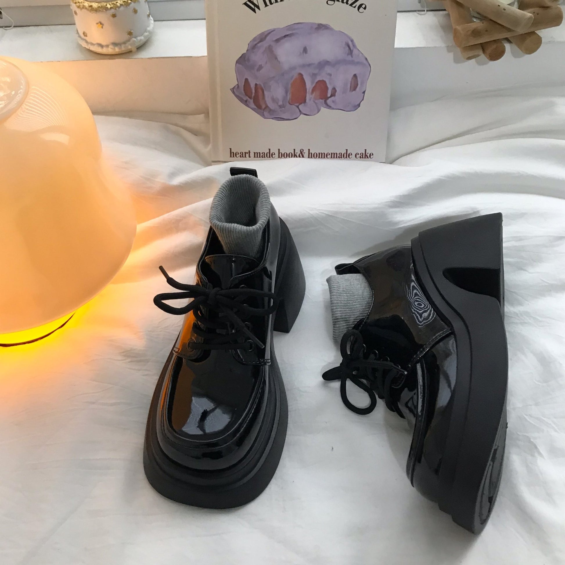 Women With Thick High Heels And Lace Up Small Leather Shoes - AXON