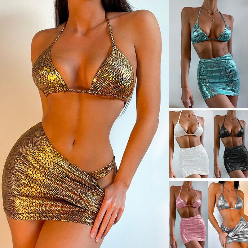 Women's 3 Piece Bathing Suits Halter Snake Pattern Bikini Set With Cover Up Skirt Summer Swimsuit - AXON