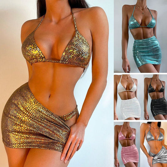 Women's 3 Piece Bathing Suits Halter Snake Pattern Bikini Set With Cover Up Skirt Summer Swimsuit - AXON