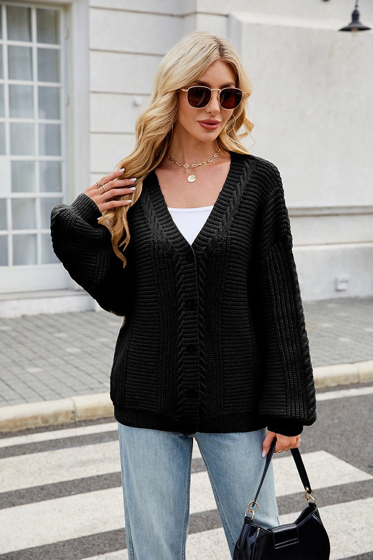 Women's Loose Long - sleeved V - neck Twisted Knitted Sweater Coat - AXON