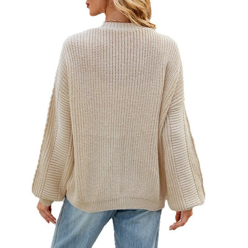 Women's Loose Long - sleeved V - neck Twisted Knitted Sweater Coat - AXON