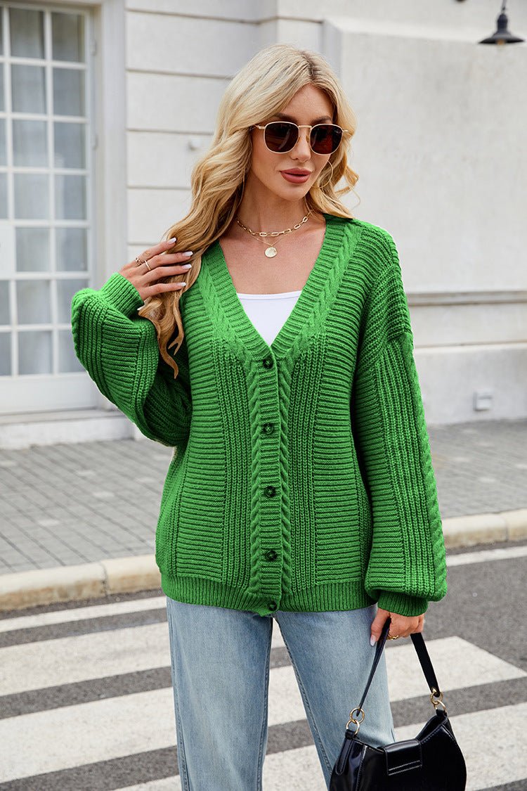 Women's Loose Long - sleeved V - neck Twisted Knitted Sweater Coat - AXON