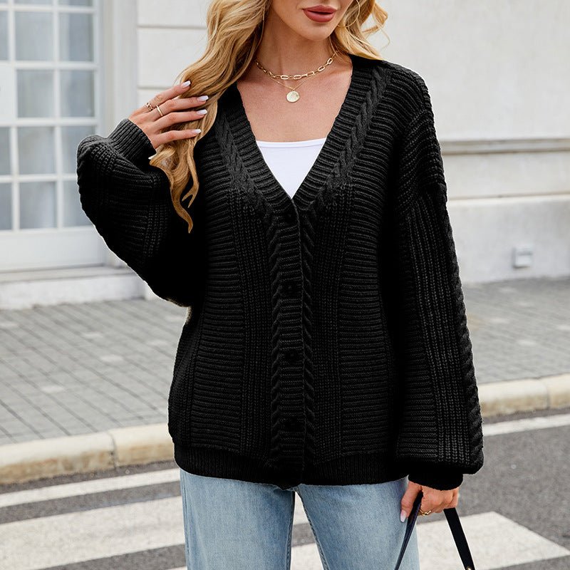 Women's Loose Long - sleeved V - neck Twisted Knitted Sweater Coat - AXON