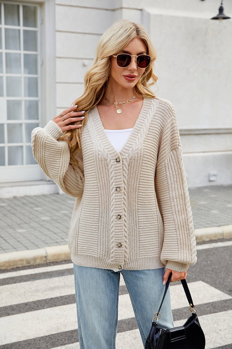 Women's Loose Long - sleeved V - neck Twisted Knitted Sweater Coat - AXON