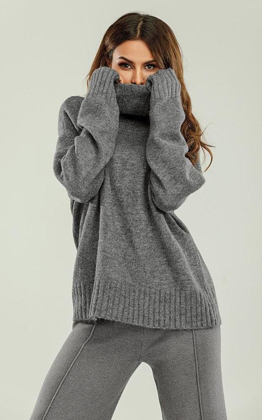 Wool Blanket Jumper Top With High Neck In Grey - AXON