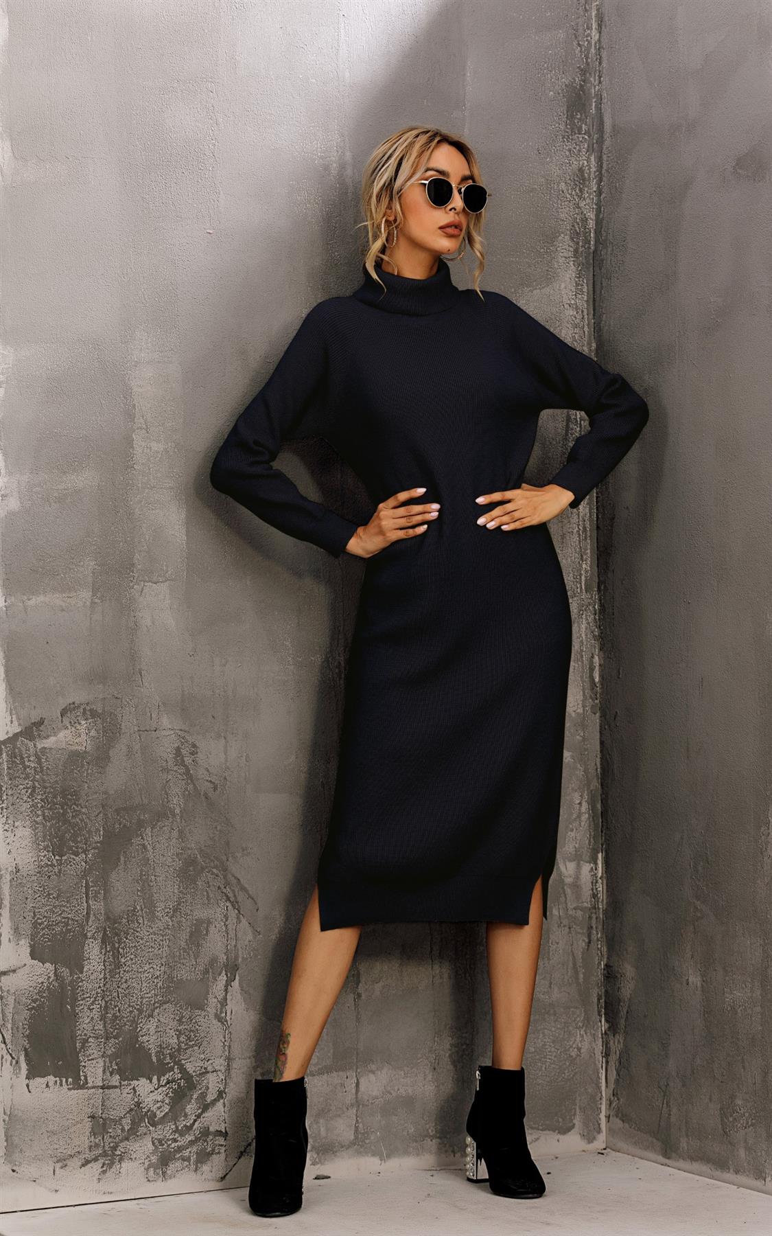 Wool Blended Jumper Dress With High Neck In Black - AXON