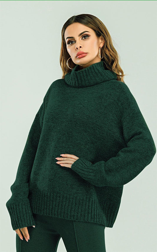 Wool Blended Jumper Top With High Neck In Dark Green - AXON