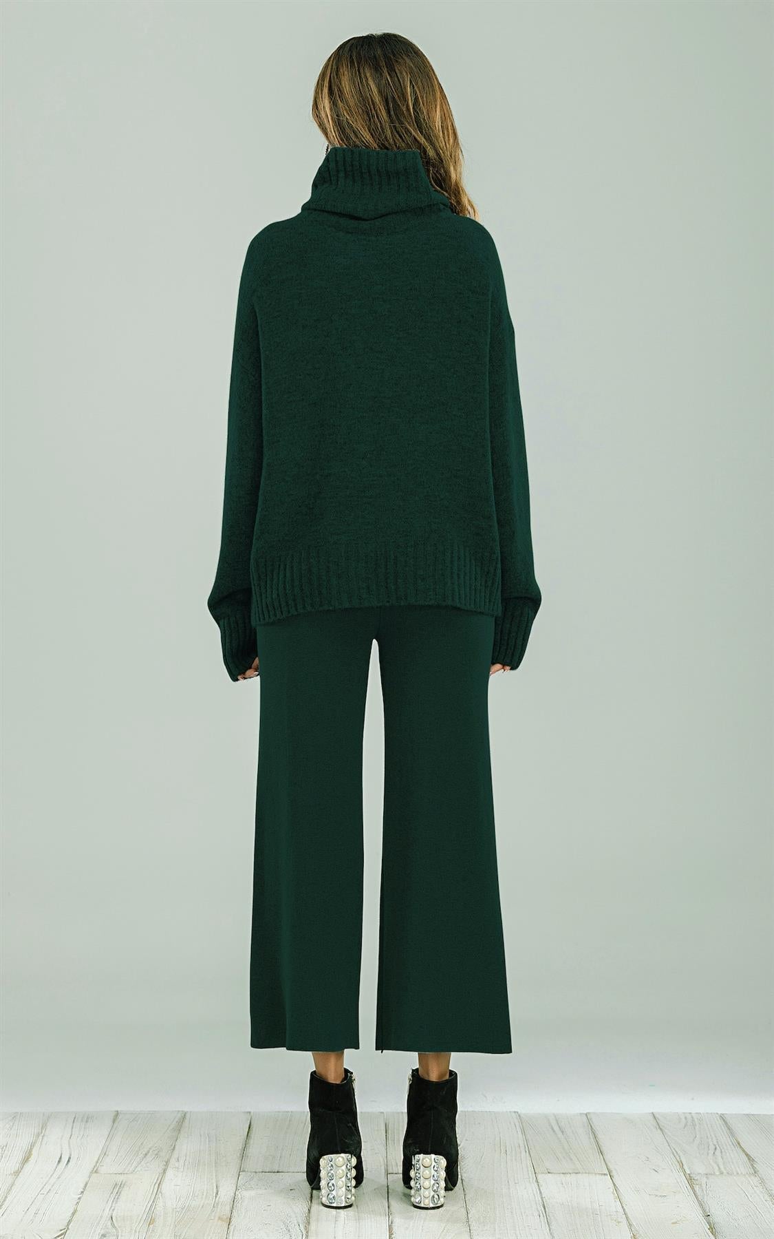 Wool Blended Jumper Top With High Neck In Dark Green - AXON