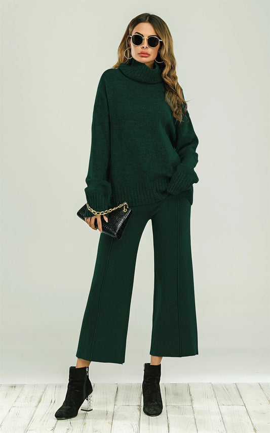 Wool Blended Jumper Top With High Neck In Dark Green - AXON