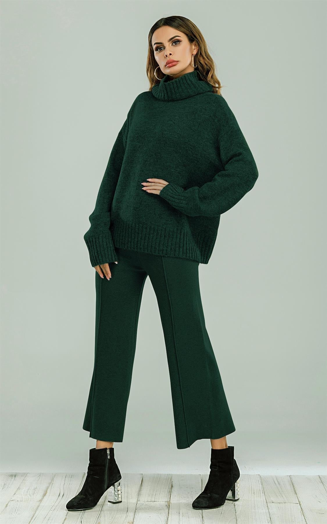 Wool Blended Jumper Top With High Neck In Dark Green - AXON