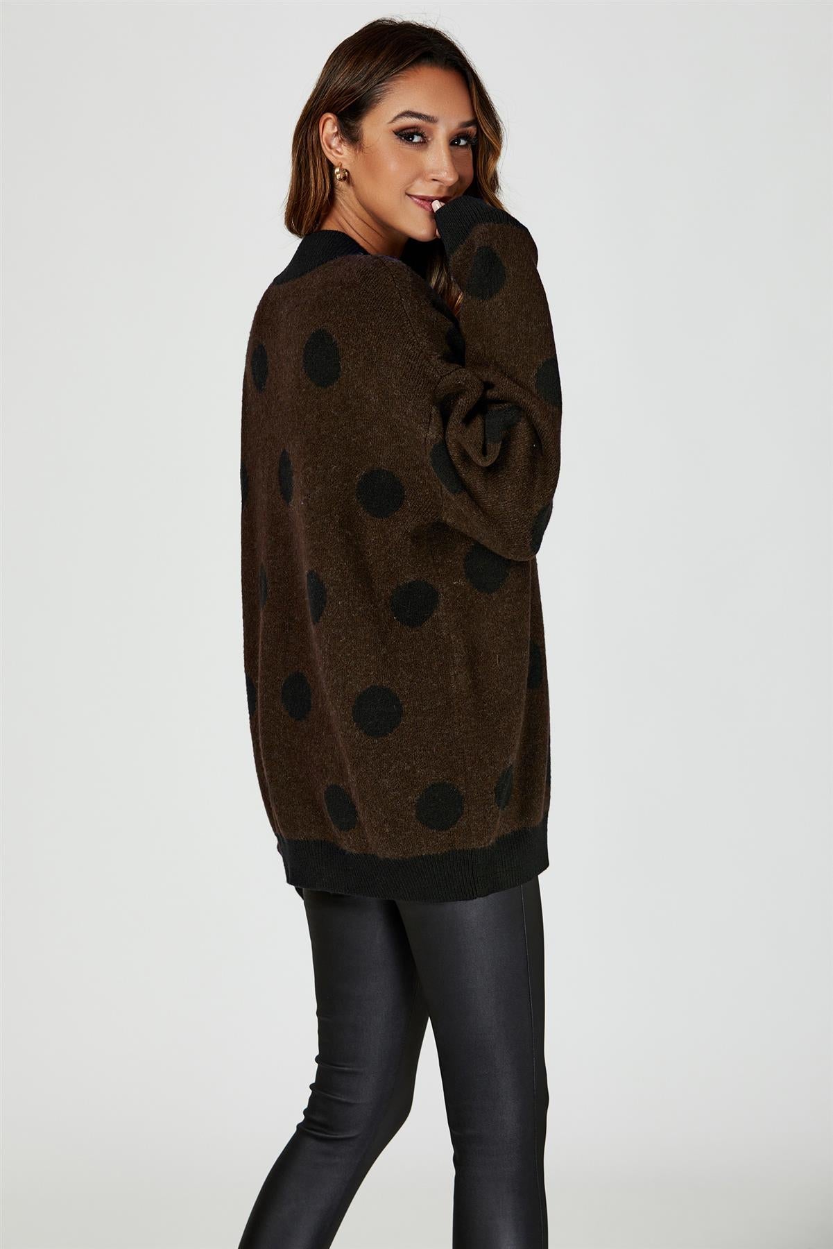 Wool Blended V Neck Jumper In Brown& Black Polka Dot - AXON