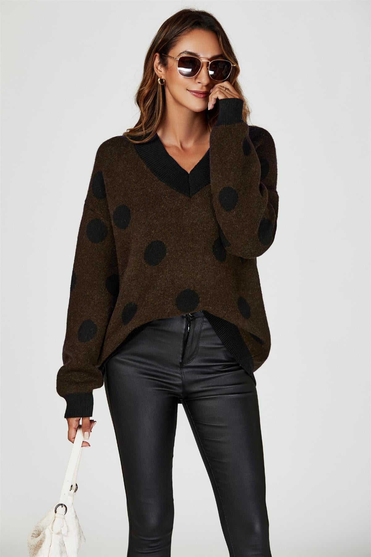 Wool Blended V Neck Jumper In Brown& Black Polka Dot - AXON