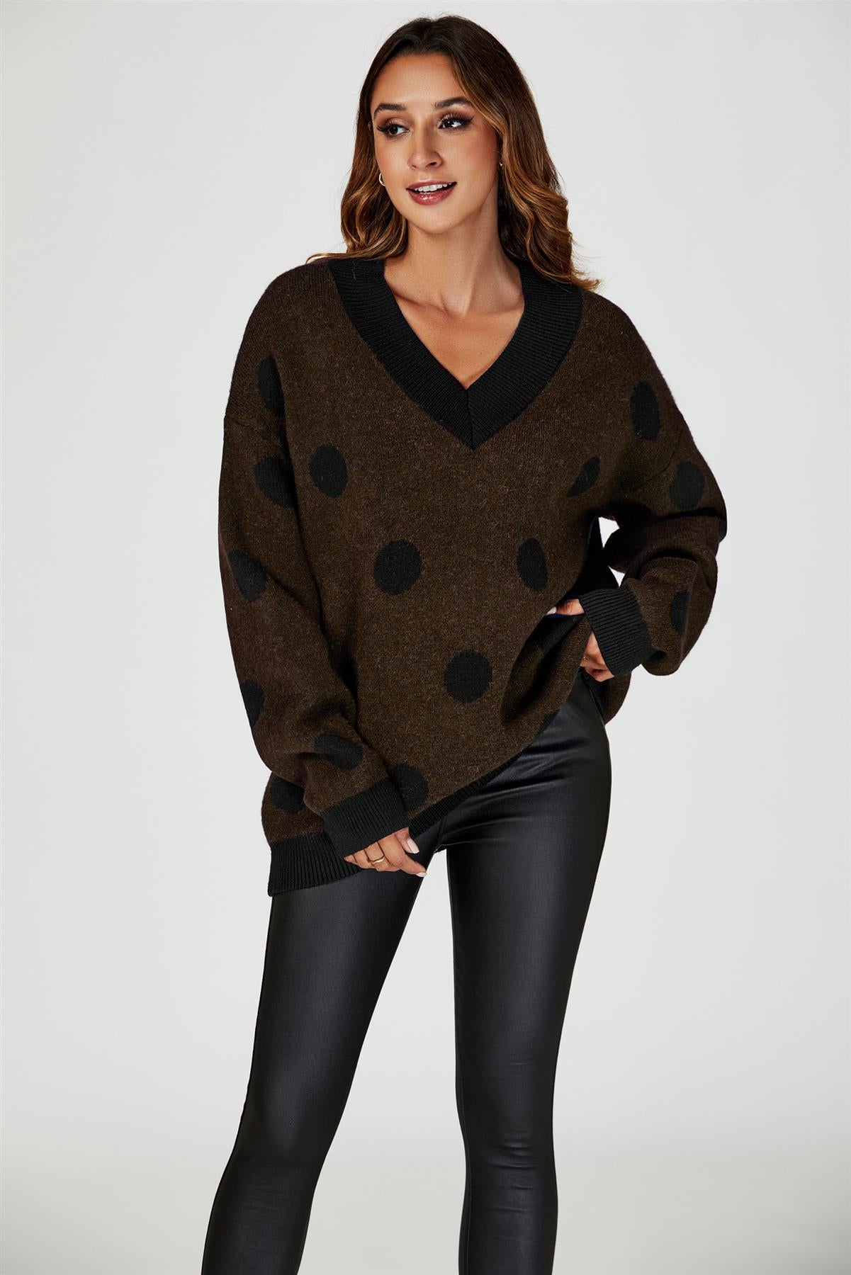 Wool Blended V Neck Jumper In Brown& Black Polka Dot - AXON