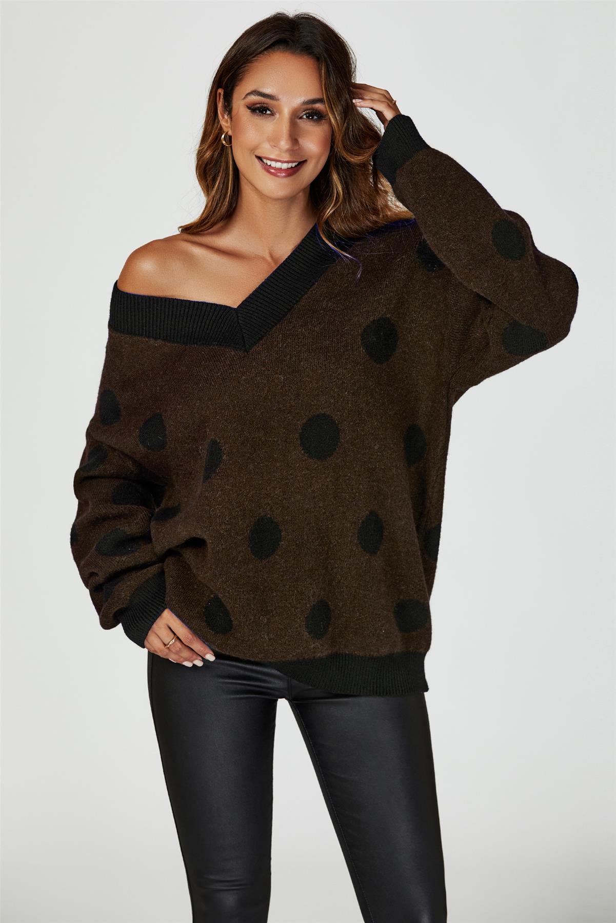 Wool Blended V Neck Jumper In Brown& Black Polka Dot - AXON
